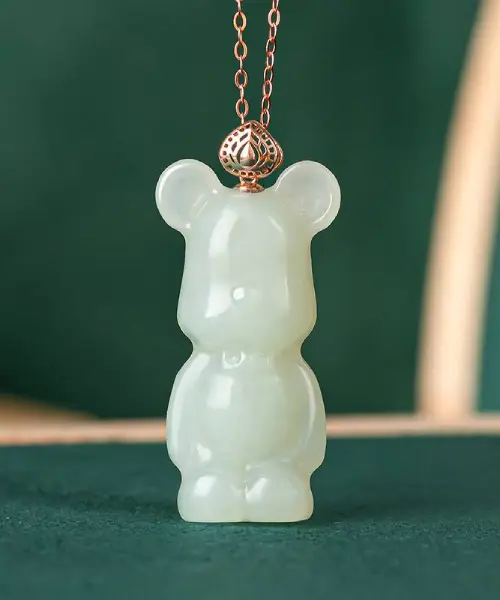 Handcrafted Bear 18K Rose Gold Natural Jade Pendant Necklace