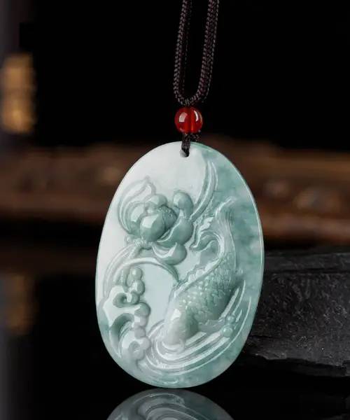 Handcrafted Lotus and Fish Authentic Jade Pendant Necklace