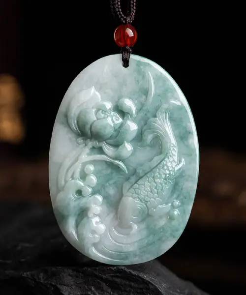 Handcrafted Lotus and Fish Authentic Jade Pendant Necklace