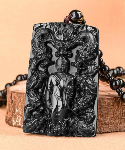 Nine Dragon Amitabha Buddha Medal Natural Black Jade Pendant Necklace
