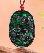 Dragon and Phoenix Medal Natural Black Jade 100% Type A Jadeite Pendant Necklace