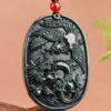 Dragon and Phoenix Medal Natural Black Jade 100% Type A Jadeite Pendant Necklace