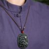 Dragon and Phoenix Medal Natural Black Jade 100% Type A Jadeite Pendant Necklace