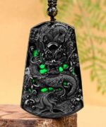 Dragon Medal Natural Black Jade 100% Type A Jade Pendant Necklace