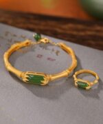 S925 Bamboo Design Natural Jade Open Ring Bangle Set