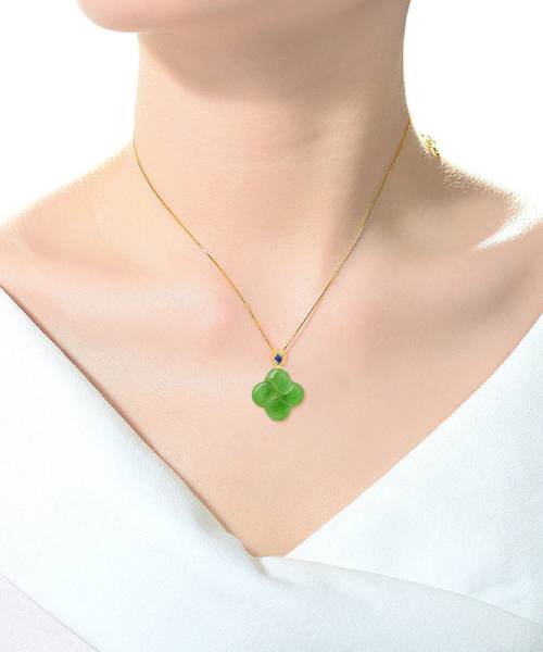 18K Gold Inlay Four Leaf Clover Jade Pendant Necklace
