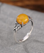 S925 Natural Amber Butterfly Hollow Design Open Ring