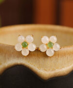 Natural Hetian Jade Flower S925 Gold Earrings
