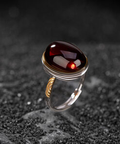 Natural Amber Bloody Cabochon S925 Open Ring