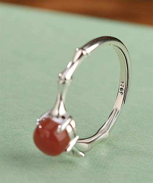 Natural South Red Agate Cabochon Bamboo Design S925 Open Ring