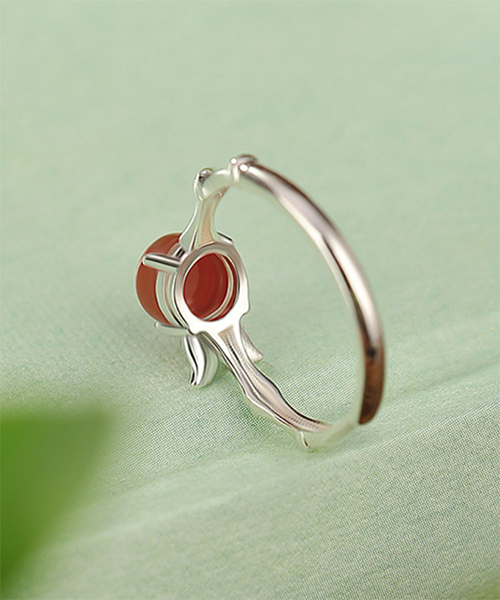 Natural South Red Agate Cabochon Bamboo Design S925 Open Ring
