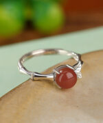 Natural South Red Agate Cabochon Bamboo Design S925 Open Ring