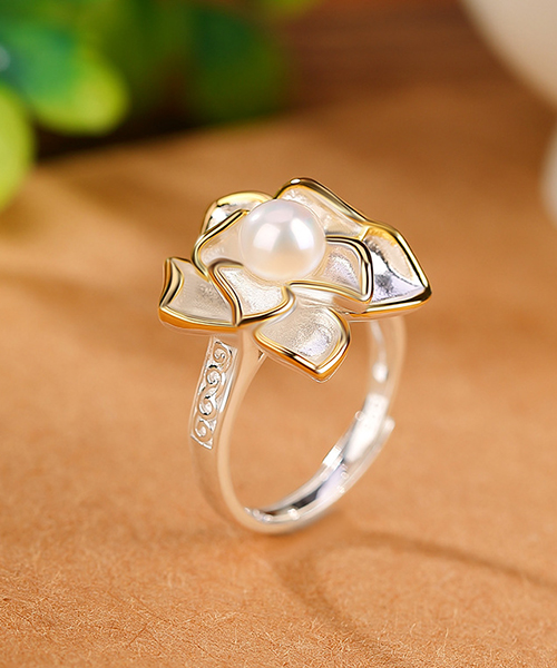 Natural Pearl Rose Design S925 Open Ring