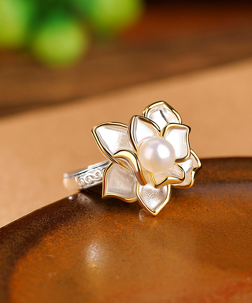 Natural Pearl Rose Design S925 Open Ring