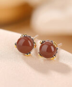 Natural South Red Agate Round Design S925 Earrings