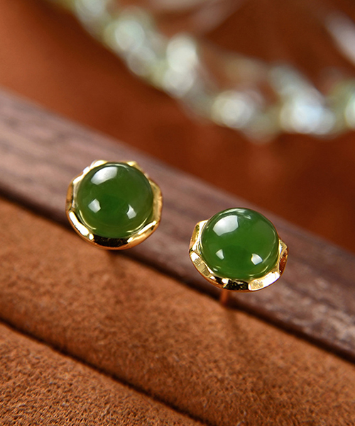 Natural Jade Round Simple Design S925 Earrings - Image 2