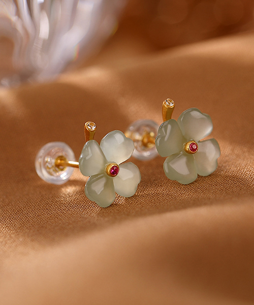 Natural Jade Lucky Four Leaf Clover S925 Earrings