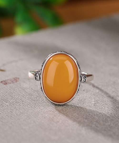 Natural Amber Cabochon Design S925 Open Ring