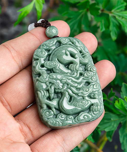 Two Sided Natural Jade Dragon Pendant Necklace