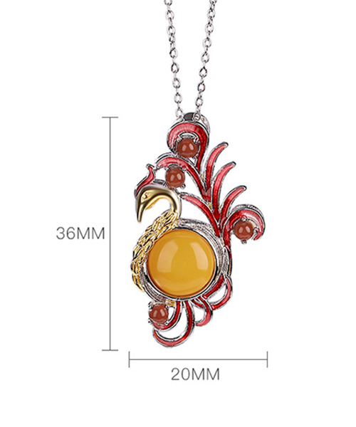 Natural Amber Enamel Phoenix S925 Pendant Necklace - Image 10