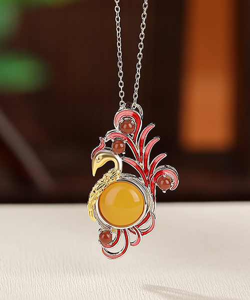 Natural Amber Enamel Phoenix S925 Pendant Necklace