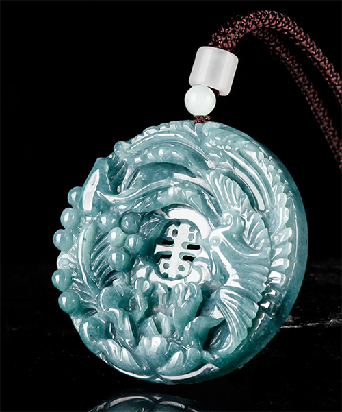 Natural Jade Phoenix and Peony Flower Pendant Necklace