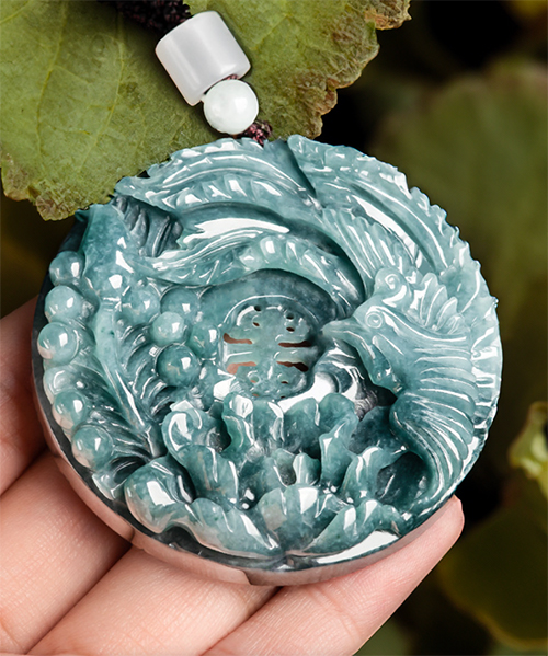Natural Jade Phoenix and Peony Flower Pendant