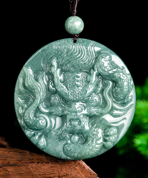 Natural Jade Dragon Round Two Sided Pendant Necklace