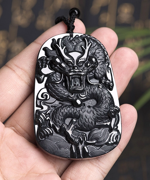 Natural Black Jade Dragon Pendant Necklace