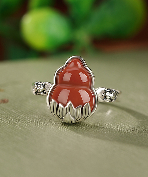 Natural South Red Agate Gourd Design S925 Open Ring