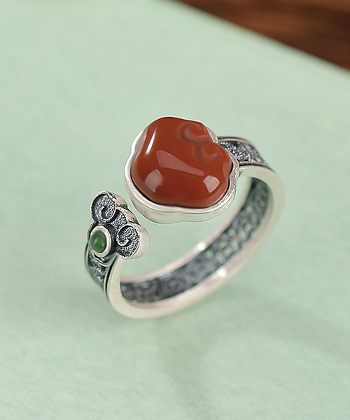 Natural South Red Agate Natural Jade Ruyi Design S925 Open Ring