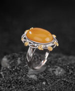 Natural Amber Cabochon Leaf Pattern S990 Open Ring