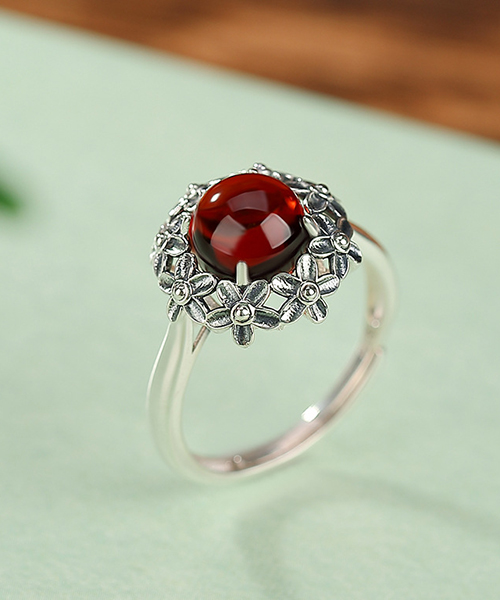 Natural Amber Bloody Round Hollow Design S990 Open Ring