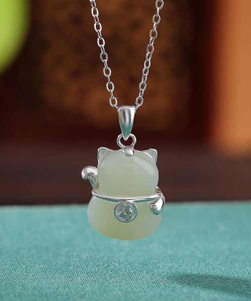 Natural Jade Lucky Cat S925 Pendant Necklace