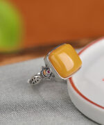 Natural Amber Square Design S925 Open Ring