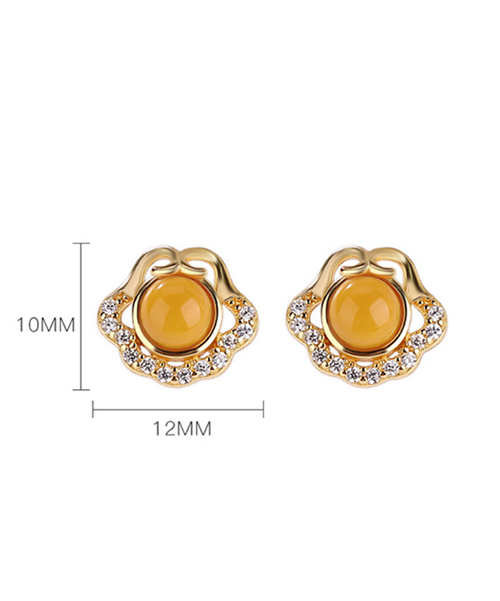 S925 Natural Amber Ruyi Design CZ Diamond Earrings