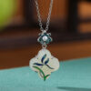 S925 Natural Jade Enamel Leaf Pattern Pendant Necklace