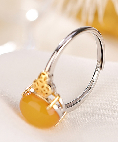 S925 Natural Amber Cabochon Design Open Ring