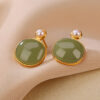 S925 Natural Jade Pearl Round Design Earrings