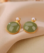 S925 Natural Jade Pearl Round Design Earrings