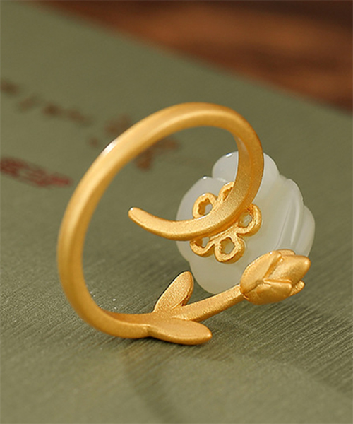 Natural Jade Rose Flower S925 Open Ring