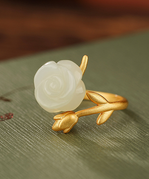 Natural Jade Handmade Rose Flower S925 Open Ring