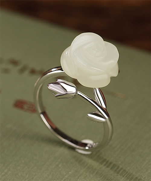 Natural Jade Rose Flower S925 Open Ring