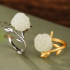 Natural Hetian Jade Rose Flower S925 Open Ring