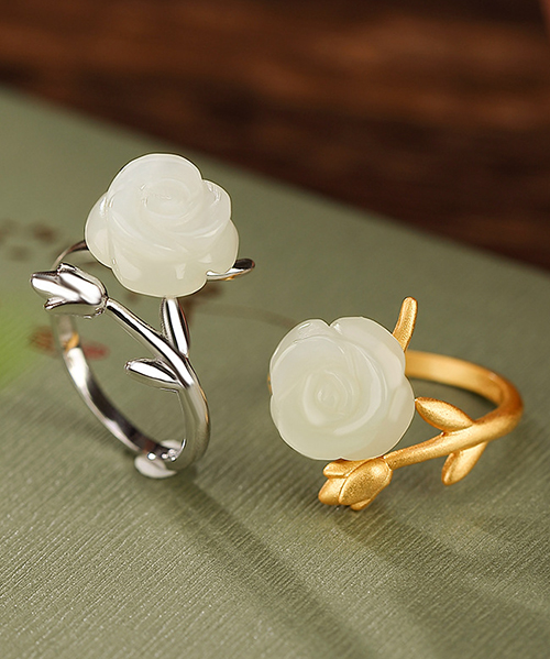 Natural Hetian Jade Rose Flower S925 Open Ring