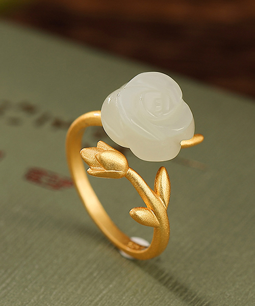 Natural Jade Rose Flower S925 Open Ring