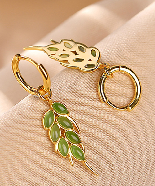 S925 Natural Jade Leaf Gold Earrings