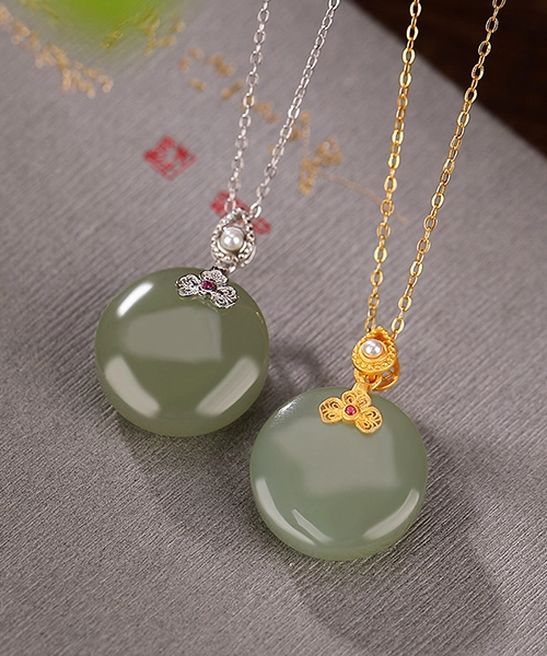 S925 Round Natural Jade Vintage Simple Design Pendant Necklace