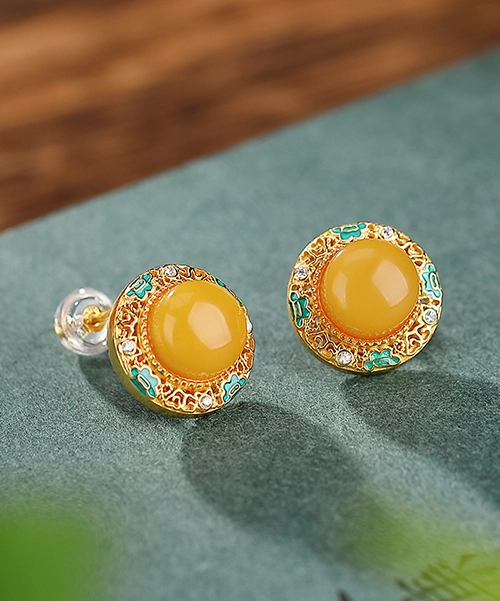 Natural Amber Cabochon S925 Earrings