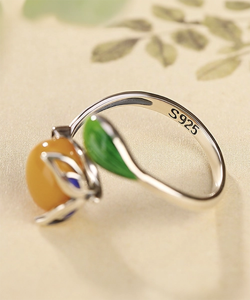 Fox Cabochon S925 Amber Open Ring
